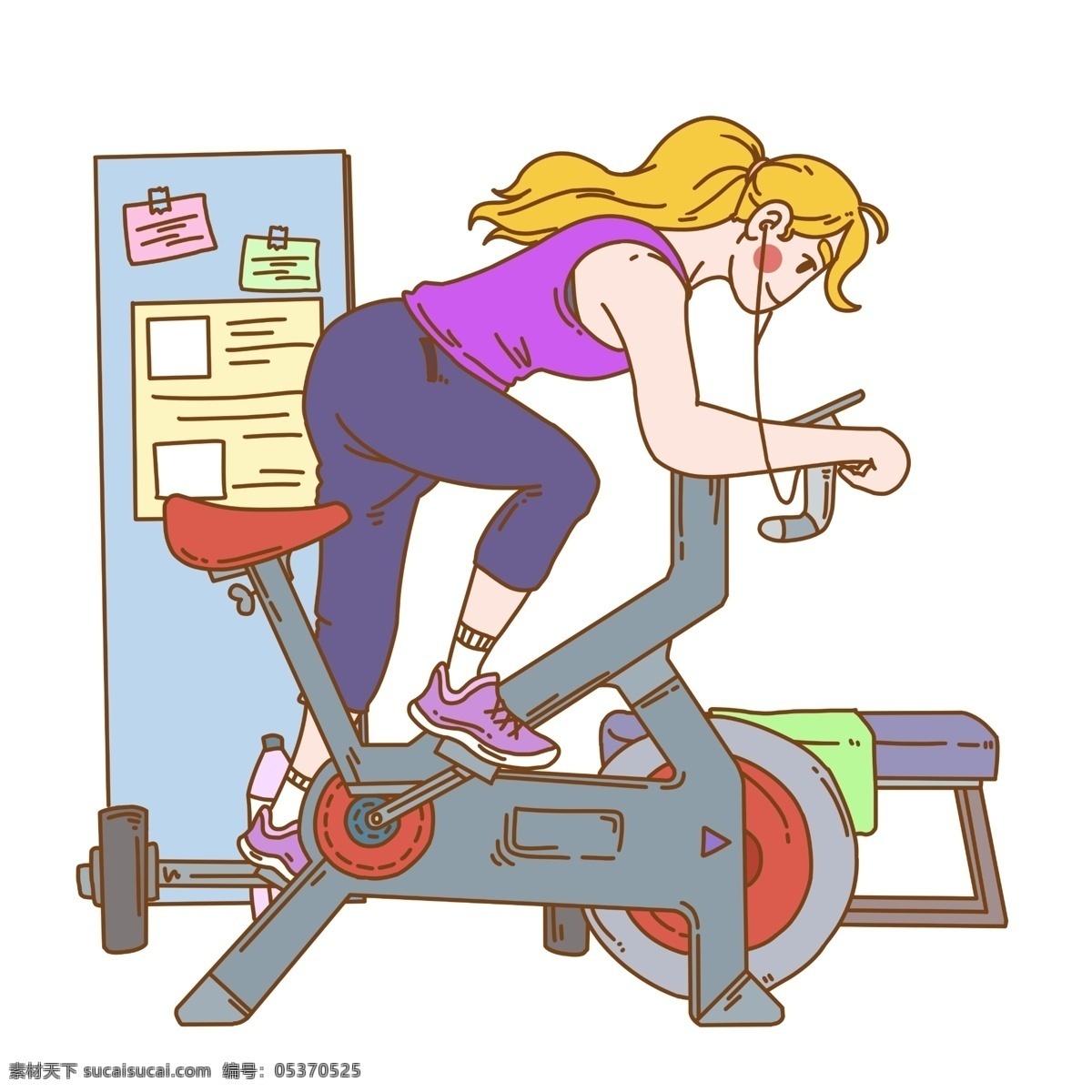 健身 人物 手绘 插画 黄色的头发 健身的小女孩 卡通人物 黑色的耳机 灰色的单车