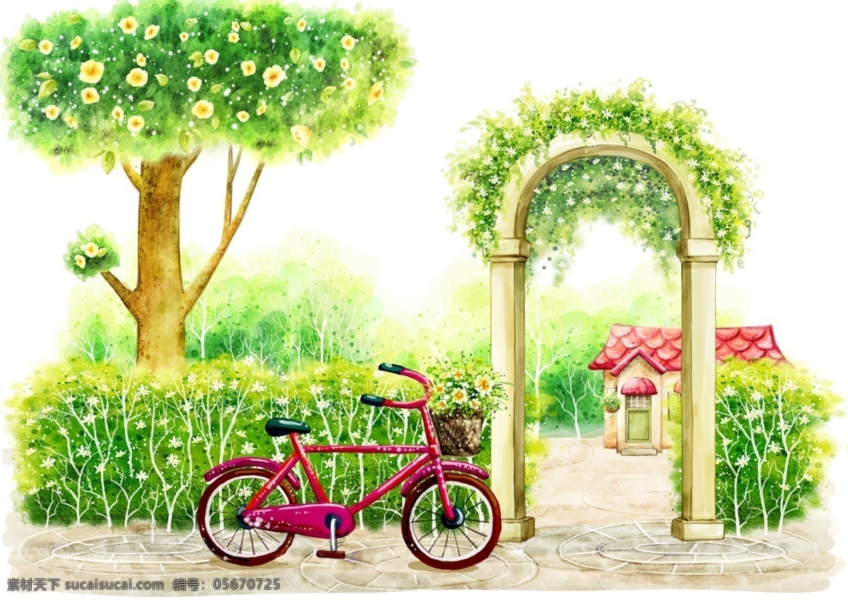 公园 自行车 插画 拱门 春季 大树 自行车插画 春天 共享图 分层