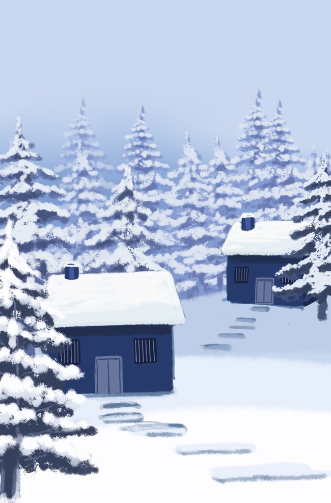 小屋 松林 雪景 冬天 冬季 手绘 雪天 大雪 冬天景色