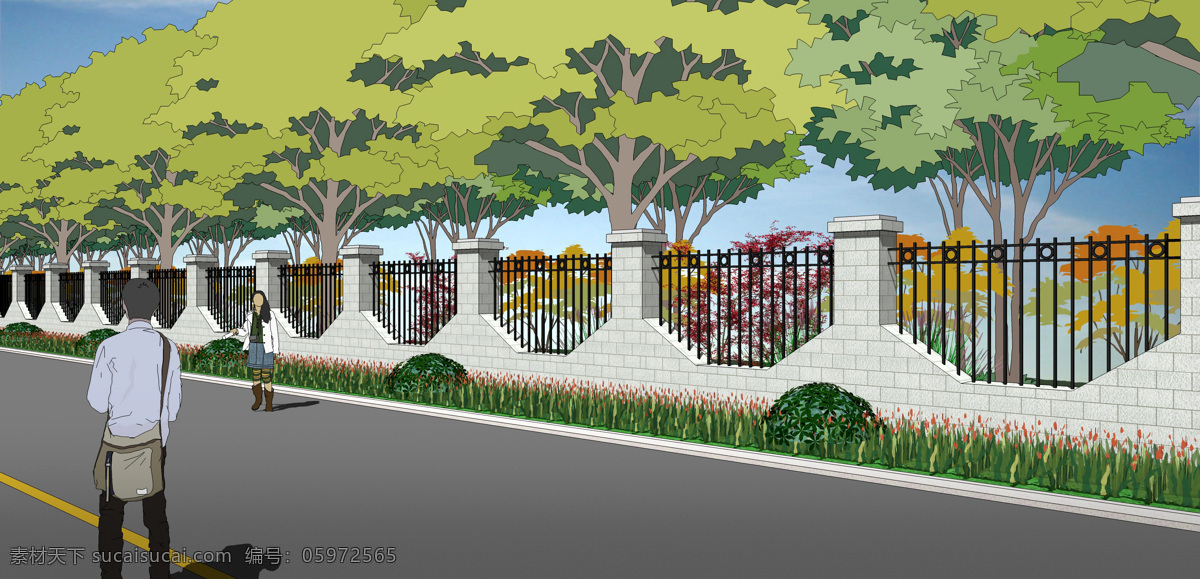 围墙 挡墙 隔离带 绿化带 行道树 环境设计 景观设计