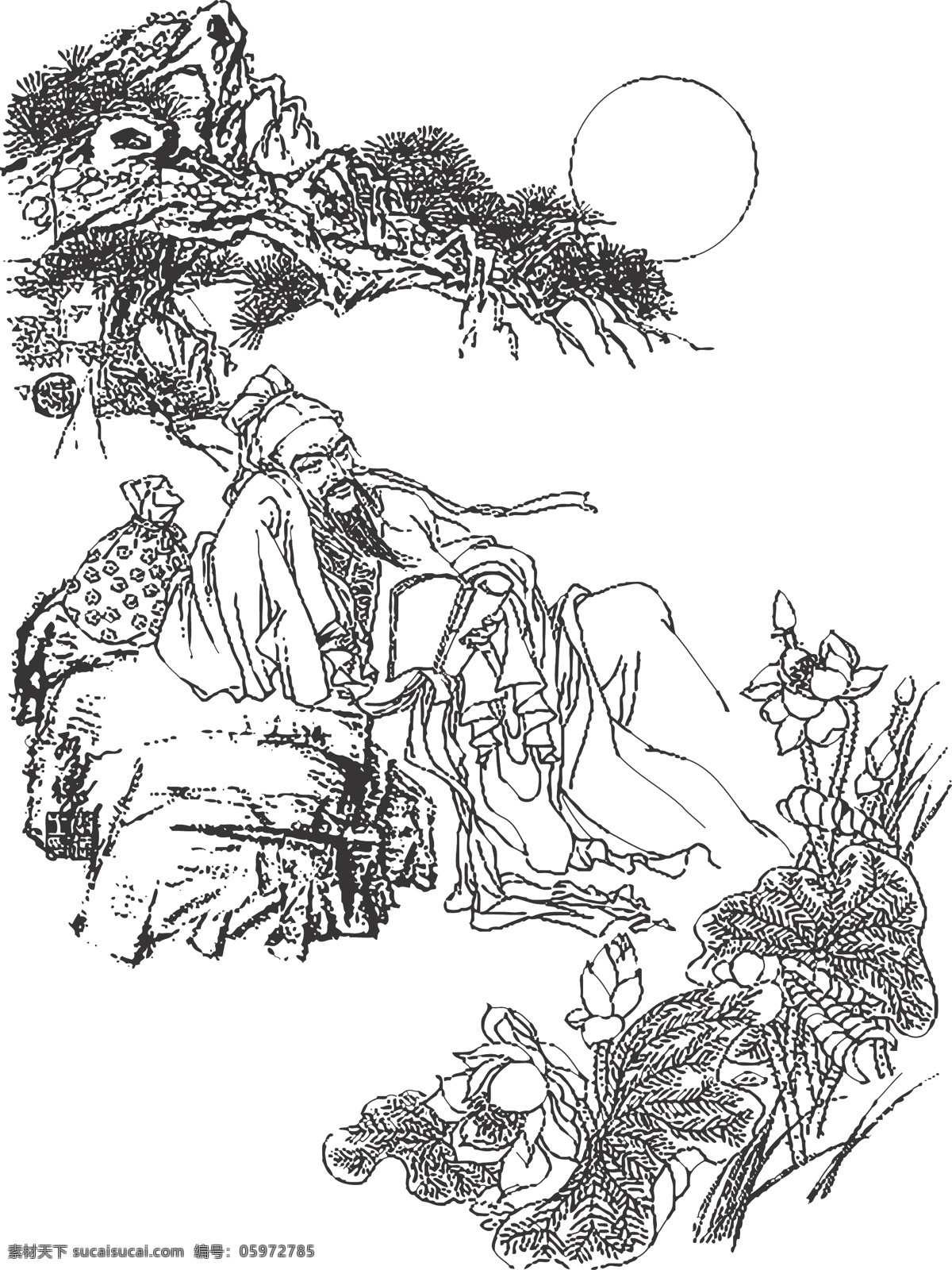 月下老人 月老 民间传说 主管婚姻 红喜神 媒神 天庭 上仙 线条 矢量 装饰 插画 白描 人物图库 男性男人
