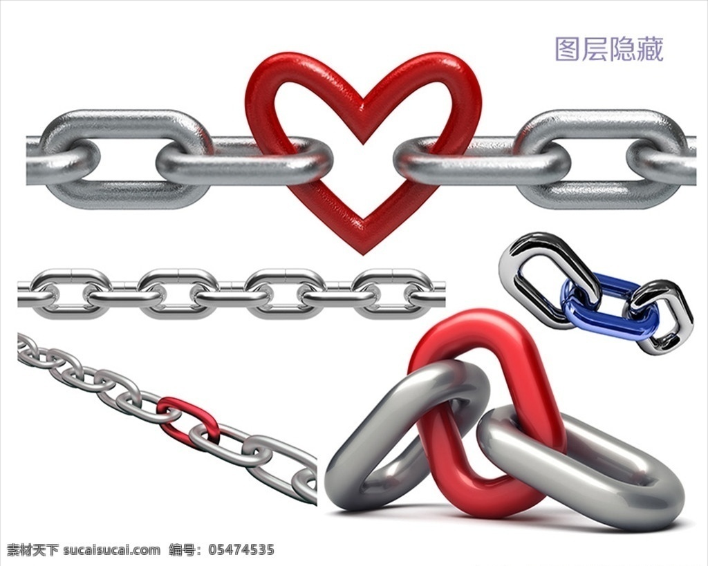 金属链素材 金属链 铁链 不锈钢链 红色扣件 蓝色扣件 心形扣件 企业文化 寓意插图 3d物体 分层