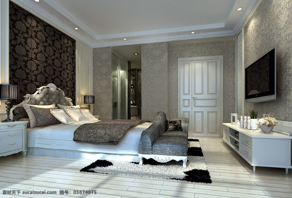 欧式 主 卧室 效果图 环境设计 室内设计 设计素材 模板下载 床铺 家居装饰素材