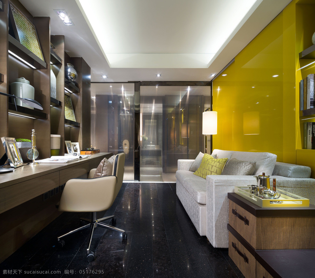 现代 书房 黄色 沙发 背景 效果图 白色沙发 木质书架 室内效果图 现代简约