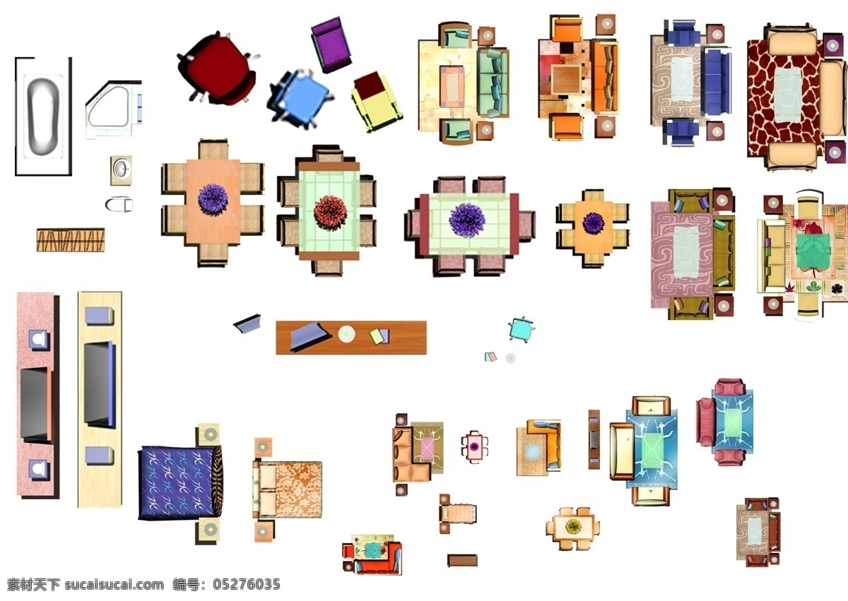 室内 家具 平面 模型 沙发 餐桌 电视 电视柜 椅子 床 分层 源文件