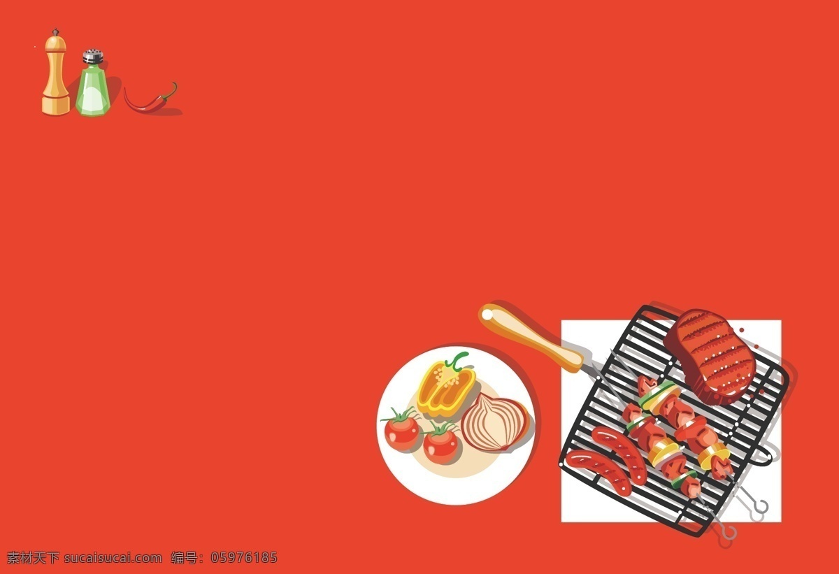红色 火热 烧烤 食物 海报 背景 扁平化 烧烤架 火炉 户外 野餐 调味料 矢量 美味 开心