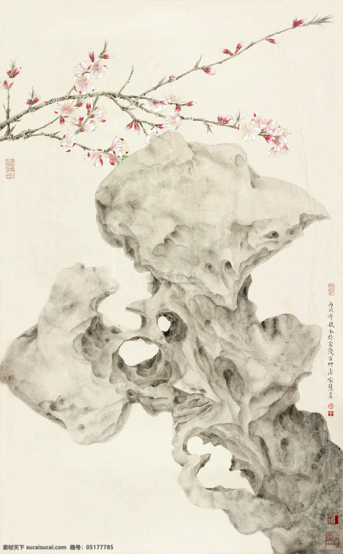 水彩绘画 桃花绘画 桃花 花朵 花 唯美桌面壁纸 广告设计素材 红色的花 红色桃花 桃树 绿叶 手绘国画 水彩国画 假山 石景 绘画书法 文化艺术