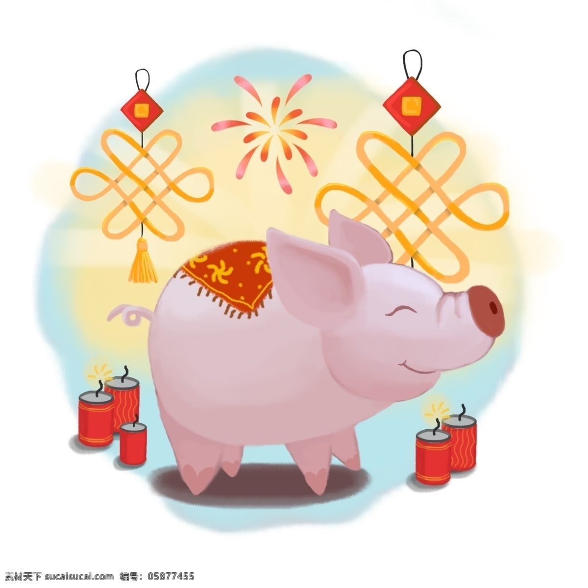 可爱 手绘 插画 卡通 春节 清新 生肖 猪 中国结 生肖猪 鞭炮
