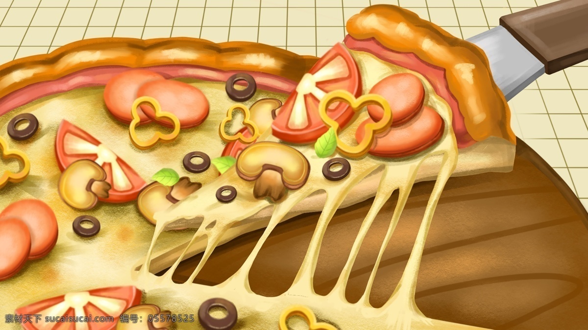美食 诱人 披萨 芝士 拉丝 蘑菇 盘子 西红柿 肉 大饼 披萨铲子 口水