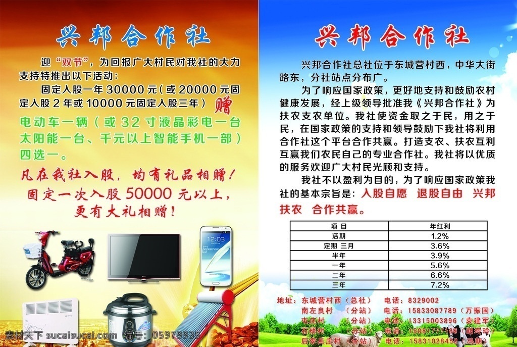 兴邦合作社 合作社彩页 合作社传单 农业合作社 牛 羊 蓝天绿草 金币背景 合作社背景 彩页背景 电动车 电视 手机 电饭煲 太阳能 合作社 dm宣传单