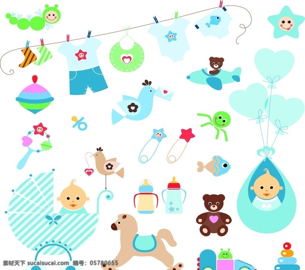 婴儿物品 宝宝 童车 可爱 卡通 小马 小鸟 气球 儿童用品 生活百科 矢量