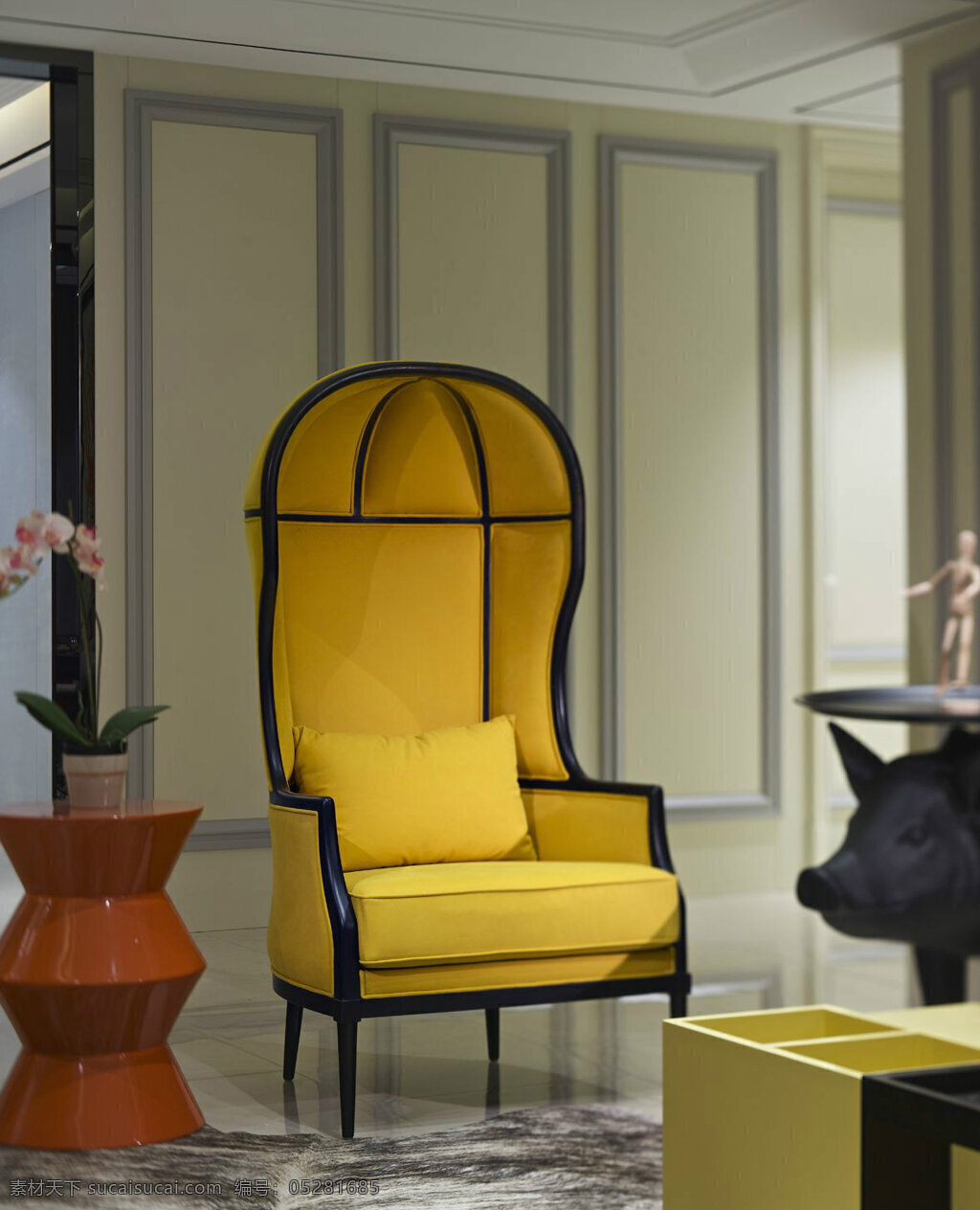 现代 时尚 客厅 黄色 椅子 室内装修 效果图 大理石地板 客厅装修 黄色椅子 褐色花瓶