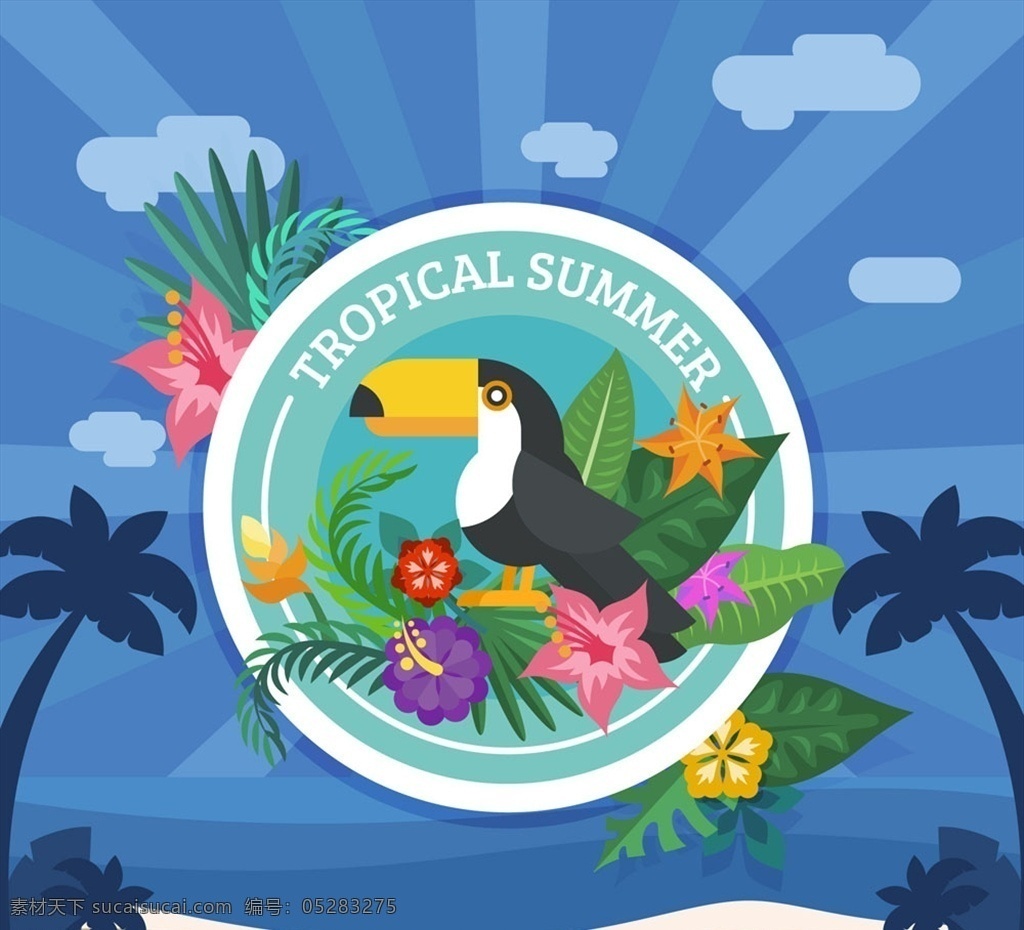 创意 热带 夏季 大 嘴 鸟 标签 矢量图 云朵 棕榈树 扶桑花 沙滩 大嘴鸟 动漫动画 风景漫画