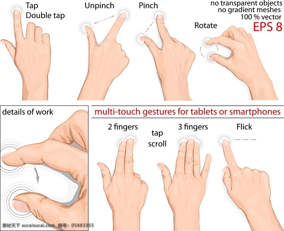 触 屏 手指 手势 触摸 触屏 矢量素材 旋转 指 扭 flick unpinch 矢量图 现代科技