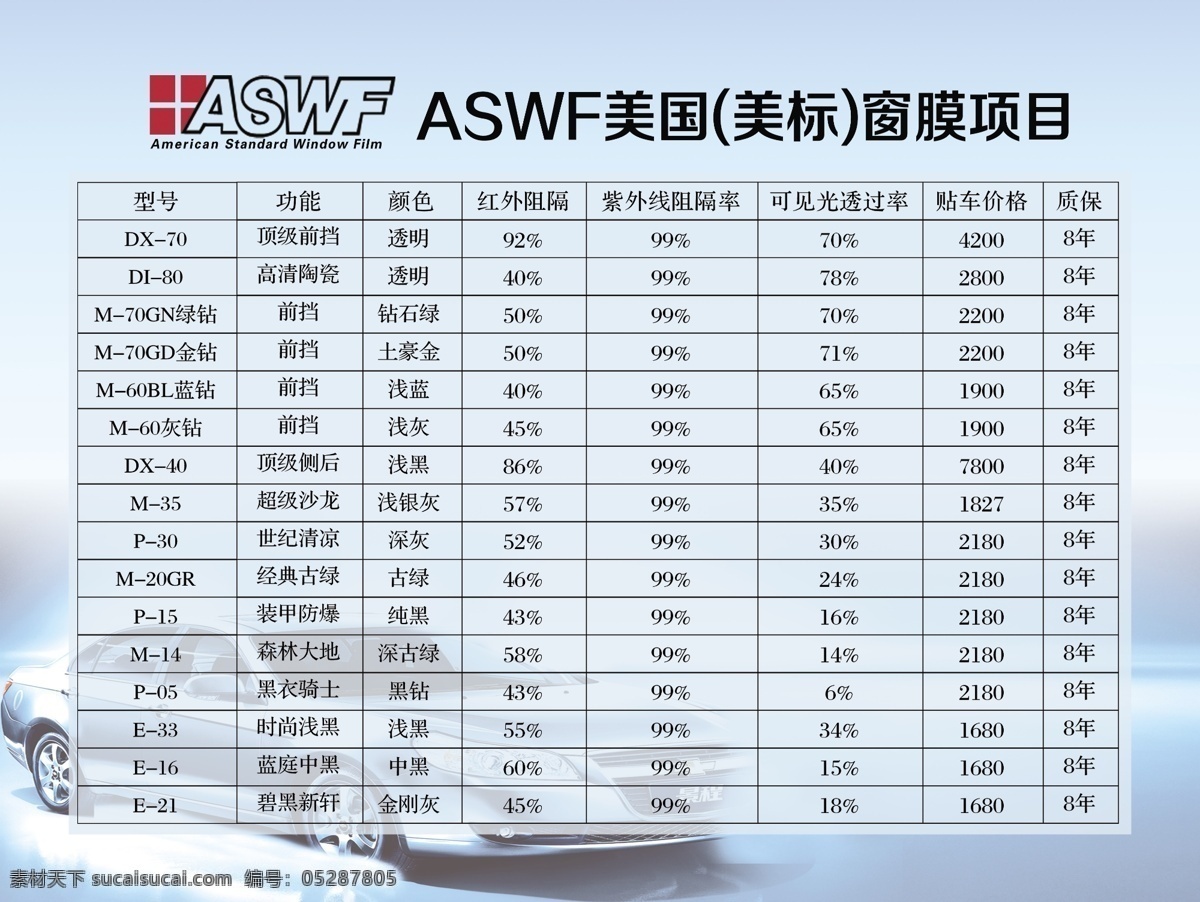 aswf 美国 美标 窗 膜 logo 汽车背景 车窗膜 服务价格 价格表 展板模板