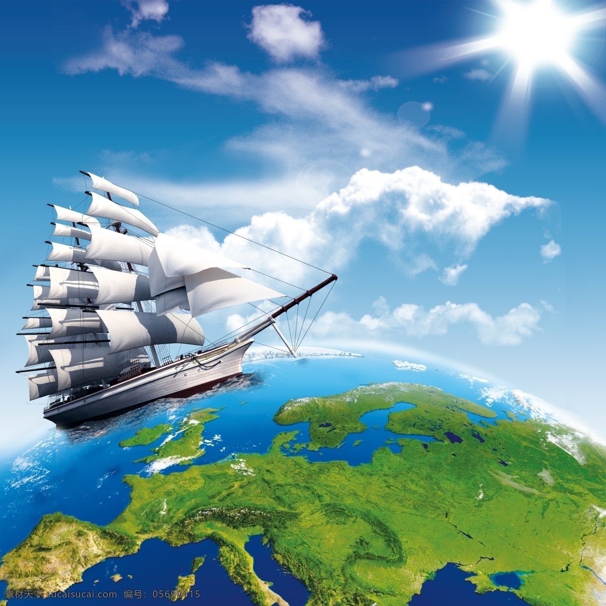 商务 领航 创意设计 分层 扬帆起航 企业宣传海报 帆船 地球板块 蓝天 白云 企业文化 蓝色