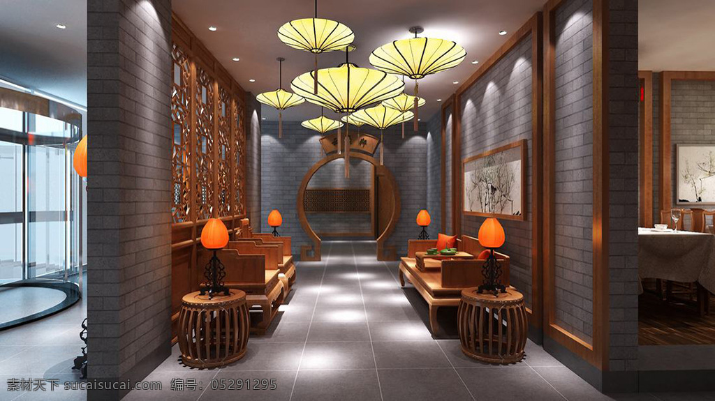 新 中式 风格 餐饮 商业空间 大厅 效果图 新中式风格 室内设计 走廊效果图 伞形灯 装饰画 时尚 地毯 空间 镂空门