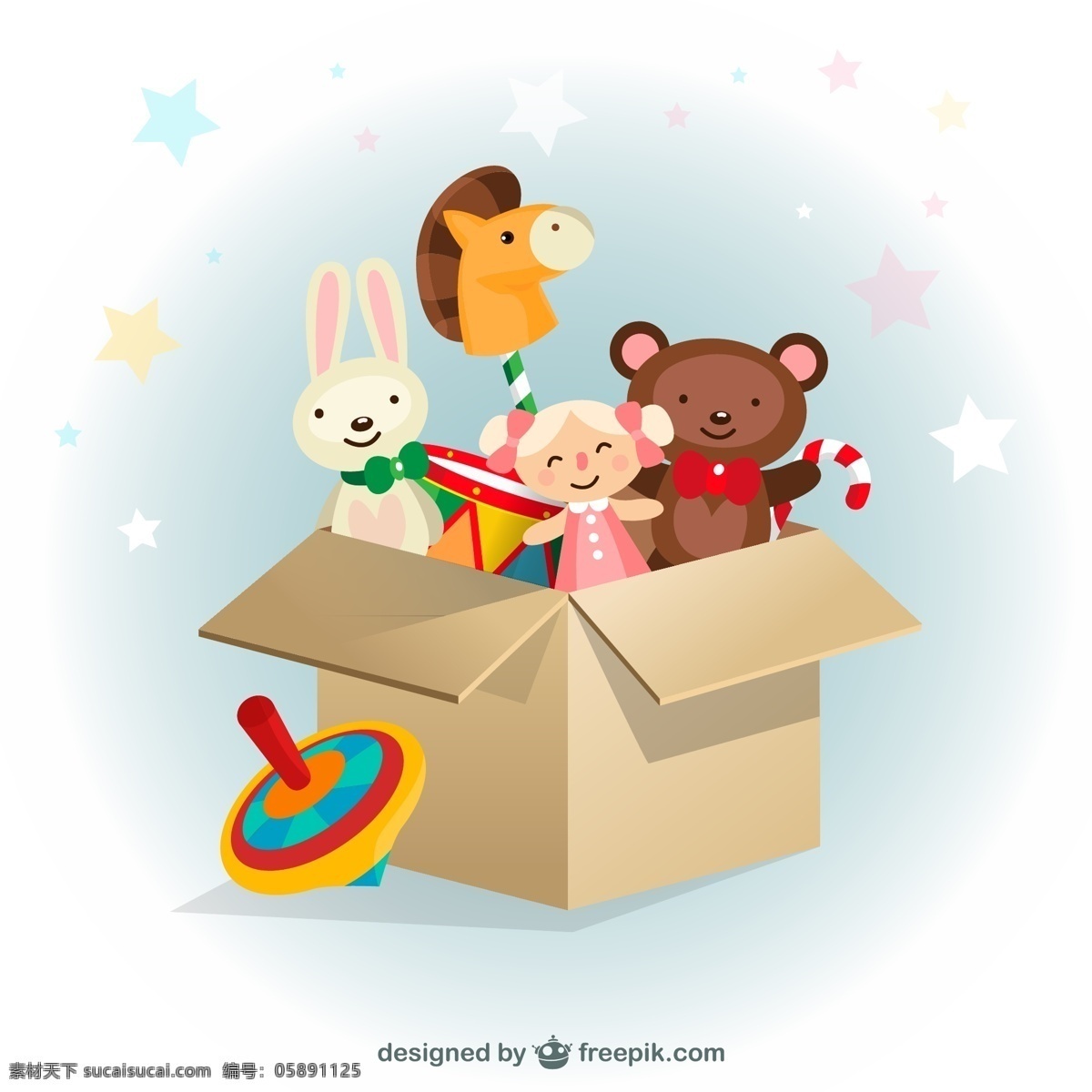 纸箱里的玩具 纸箱 可爱玩具 木马 兔子 洋娃娃 玩偶熊 陀螺 玩具 星星 拐棍糖 节日 鼓