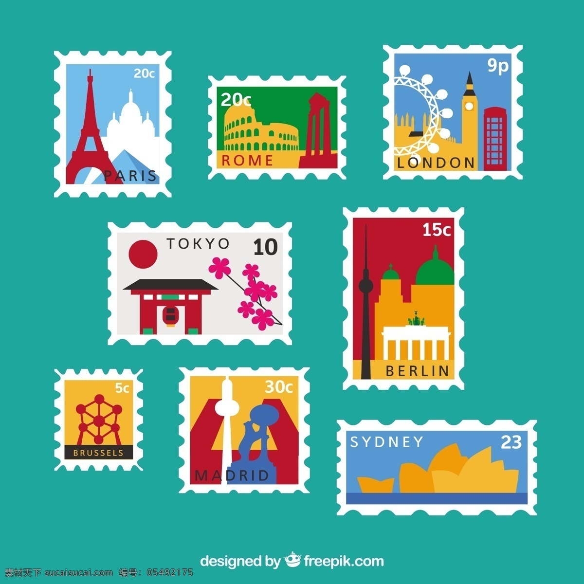 手绘 城市 元素 邮票 平面设计 图标 手绘城市元素
