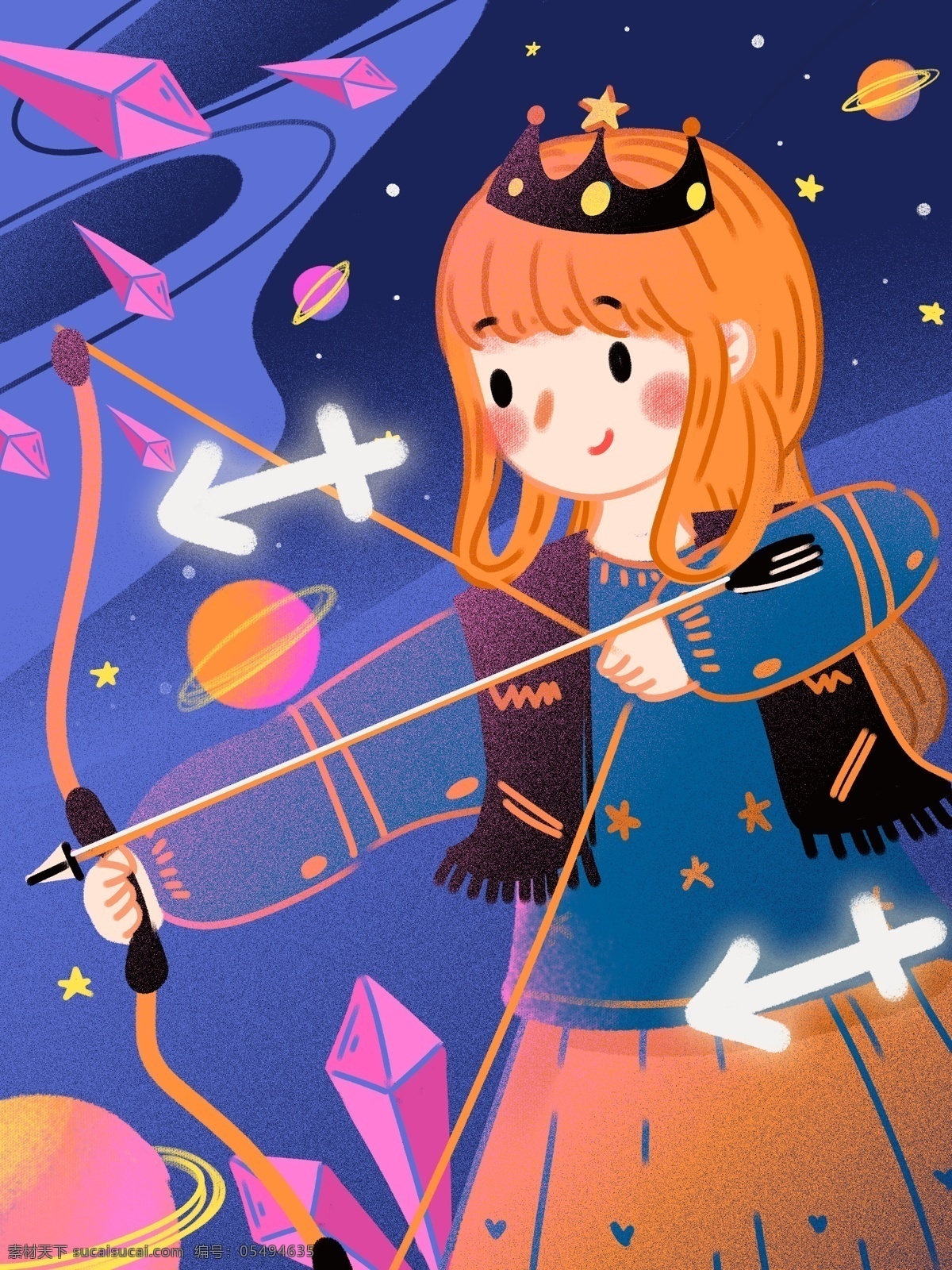 十二星座 射手 座 治愈 扁平 可爱 星座占卜 星空 星座 星球 射手座 宝石 星系 太空 女神 射箭 弓箭 撞色