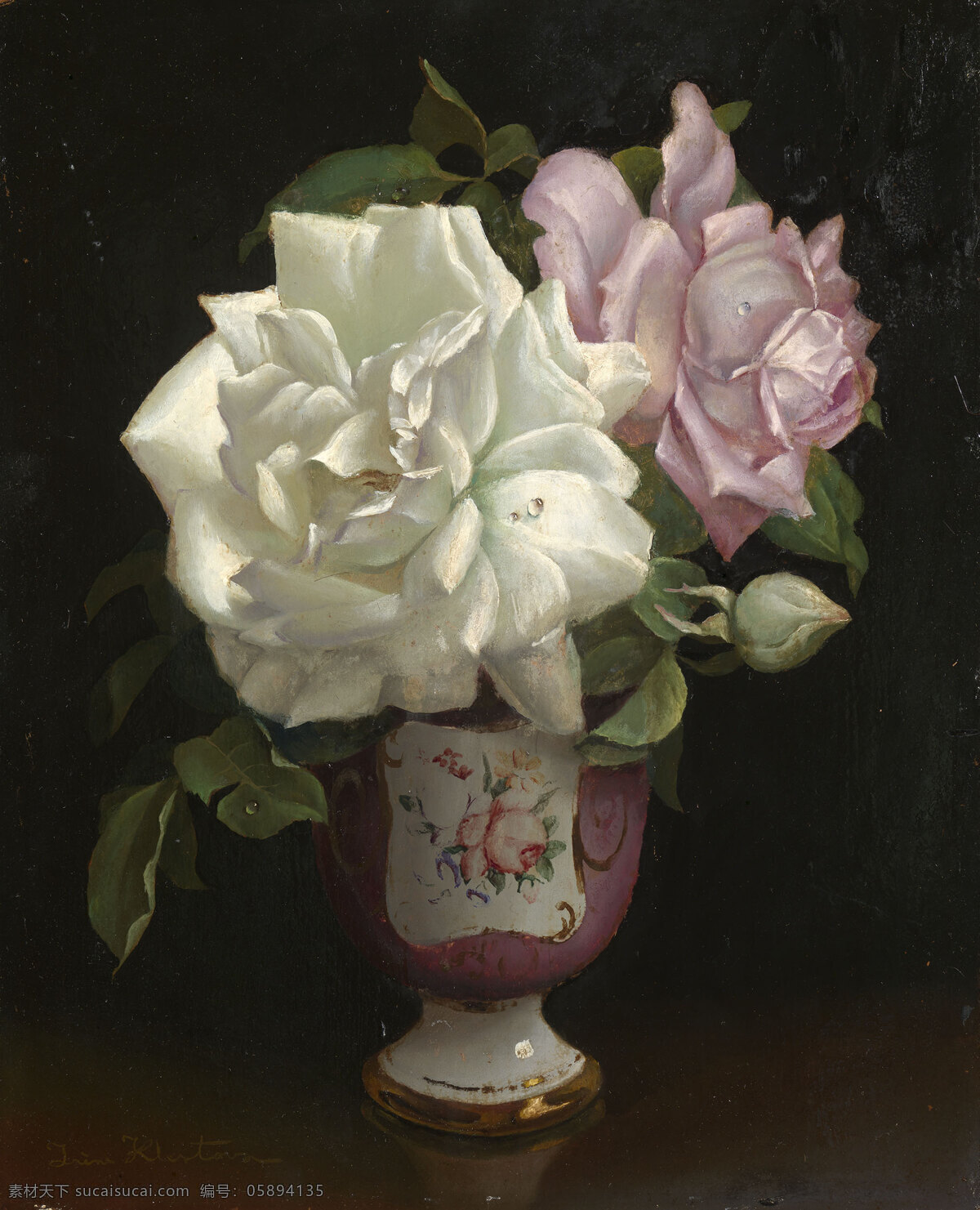 盛开的玫瑰 俄罗斯 女画家艾琳 作品 永恒之美 暗色调 珐琅花瓶 19世纪油画 油画 文化艺术 绘画书法