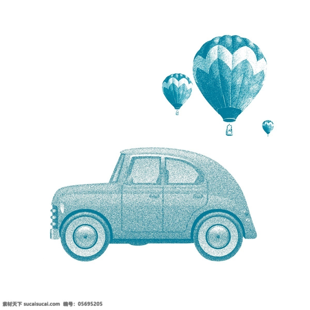 手绘 风格 小汽车 热气球 矢量 超级可爱 蓝绿色小汽车 飘 空中 三个 周末远足郊游 儿童插画