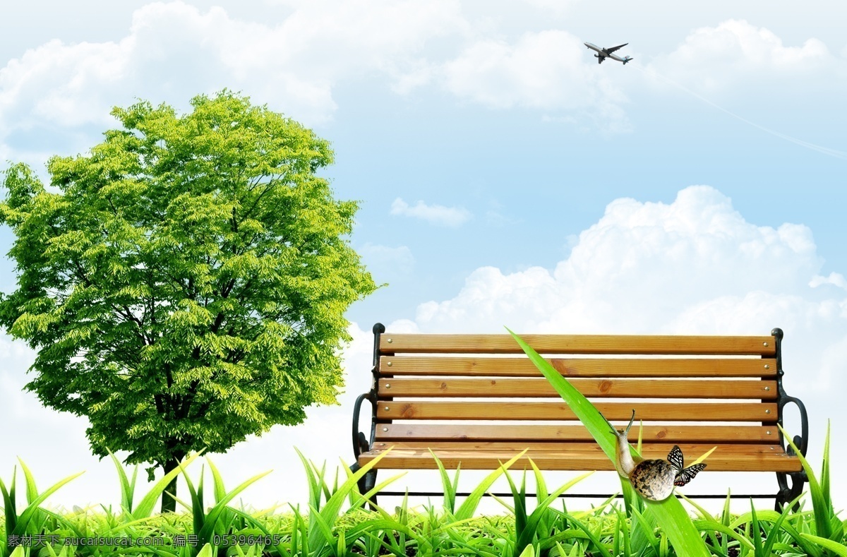 韩国素材 风景 凳子 板凳 椅子 木椅子 木凳 树子 大树 植物 特写 创意 小草 草地 枝叶 树叶 飞机 天空 蓝天 白云 云朵 云彩 晕 分层