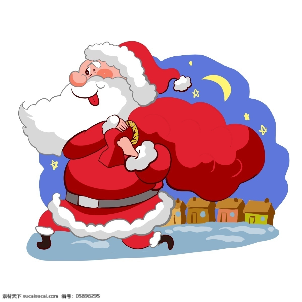圣诞老人 背着 礼物 背着礼物 送礼 西方 宗教 夜晚 红色 圣诞帽 戴帽子的老人 形象 手绘 卡通