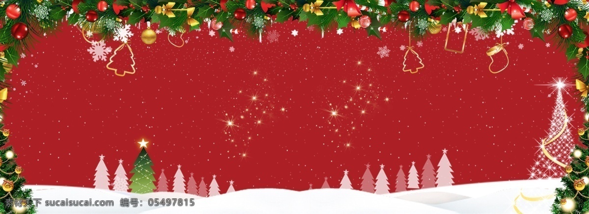 红色 圣诞 背景 圣诞树 圣诞装饰 雪花 雪地 红色背景 圣诞背景 冬日背景 banner