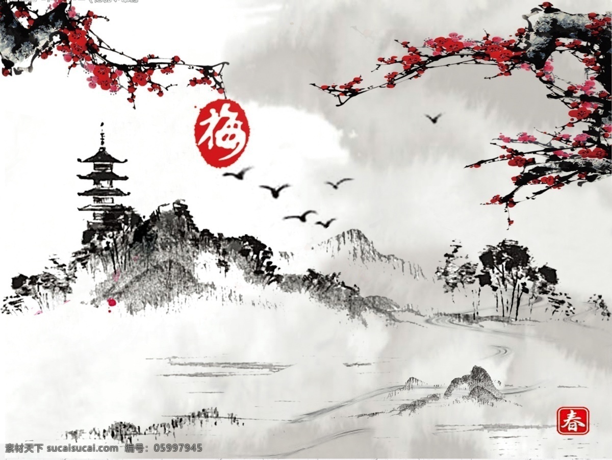 梅花 国画 背景 墙 塔 飞鸟 水墨