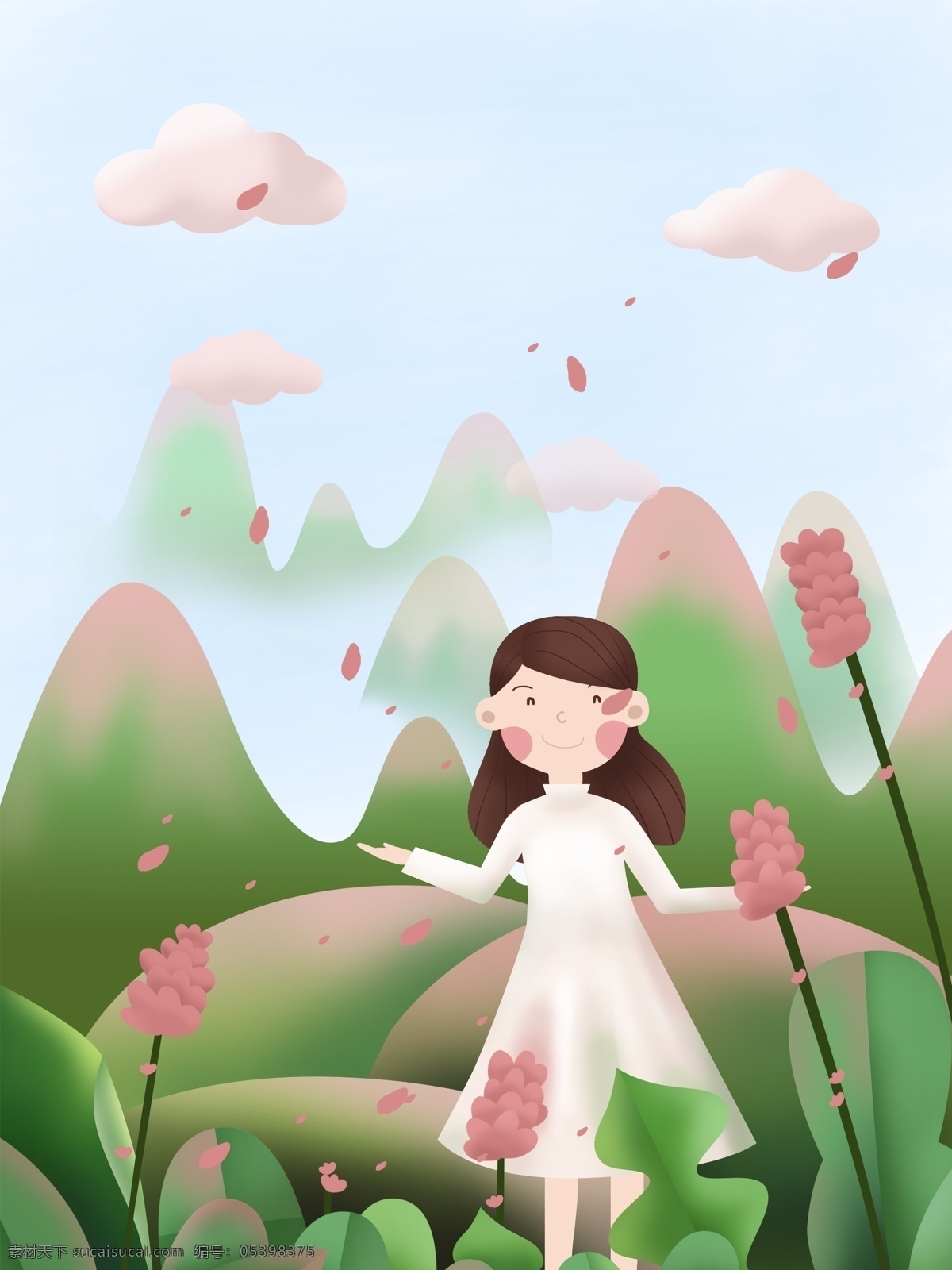 春色 手绘 装饰 图案 背景 春天来了 少女 山水 扁平 插画 春暖 暖春 植物 粉色 绿色 花朵