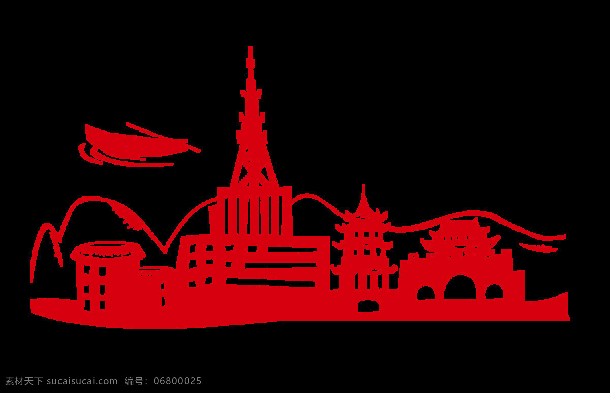 手绘 线条 城市 元素 png元素 城市建筑 帆船 红色线条 免抠元素 透明元素