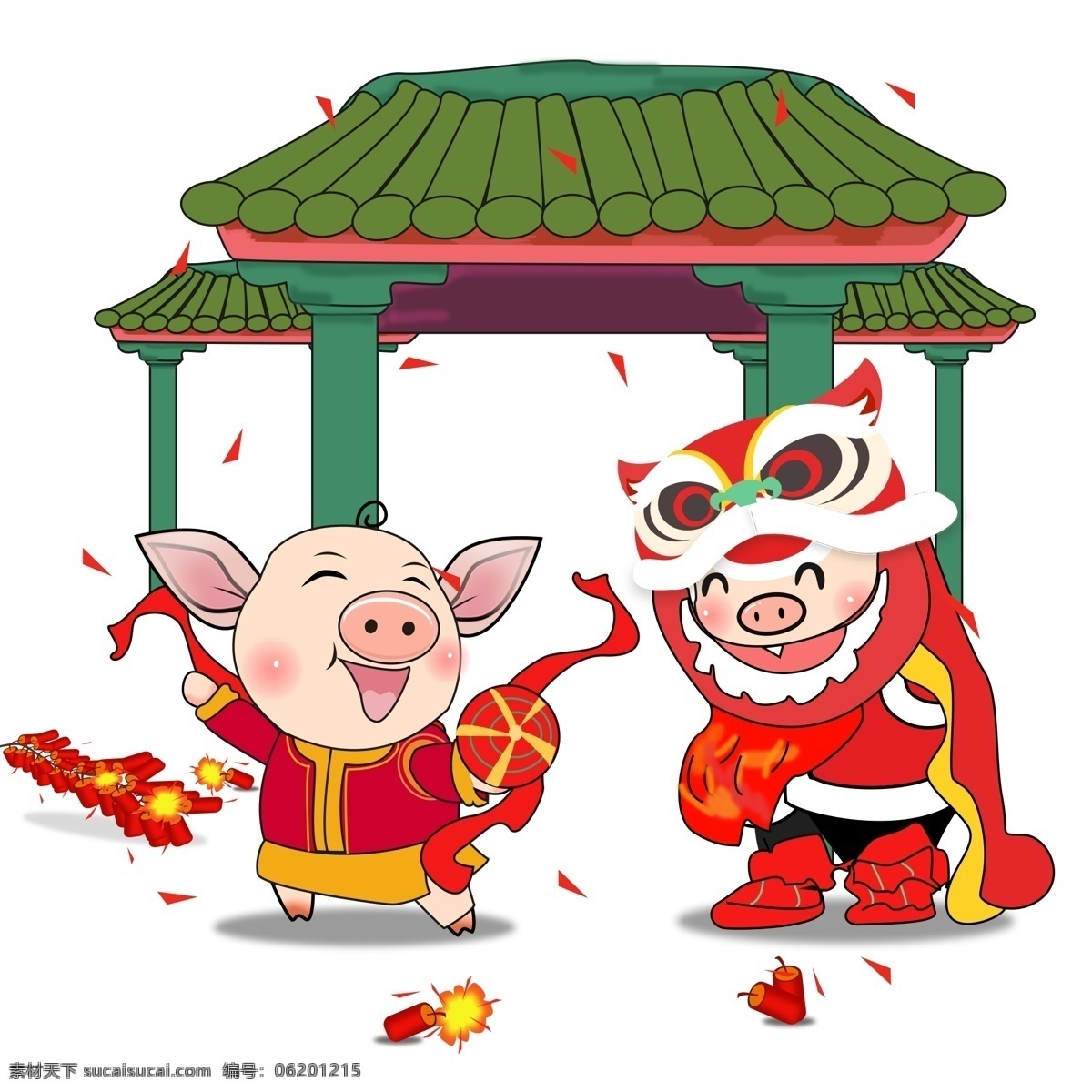 原创 欢天喜地 庆新 年猪 元素 猪 鞭炮 喜庆 快乐 开心 新年 猪元素 2019年 猪年 吉祥 舞龙 绣球