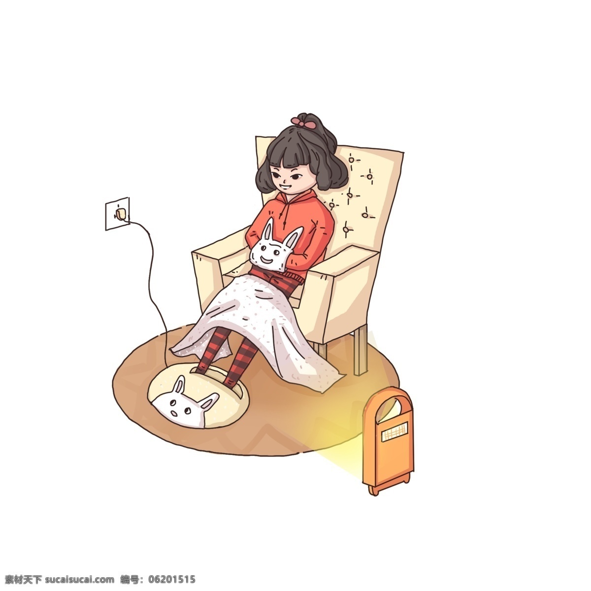卡通 手绘 小女孩 冬天 室内 取暖 暖宝宝 电暖气 冬天取暖 坐在 沙发 上 盖着毛毯取暖