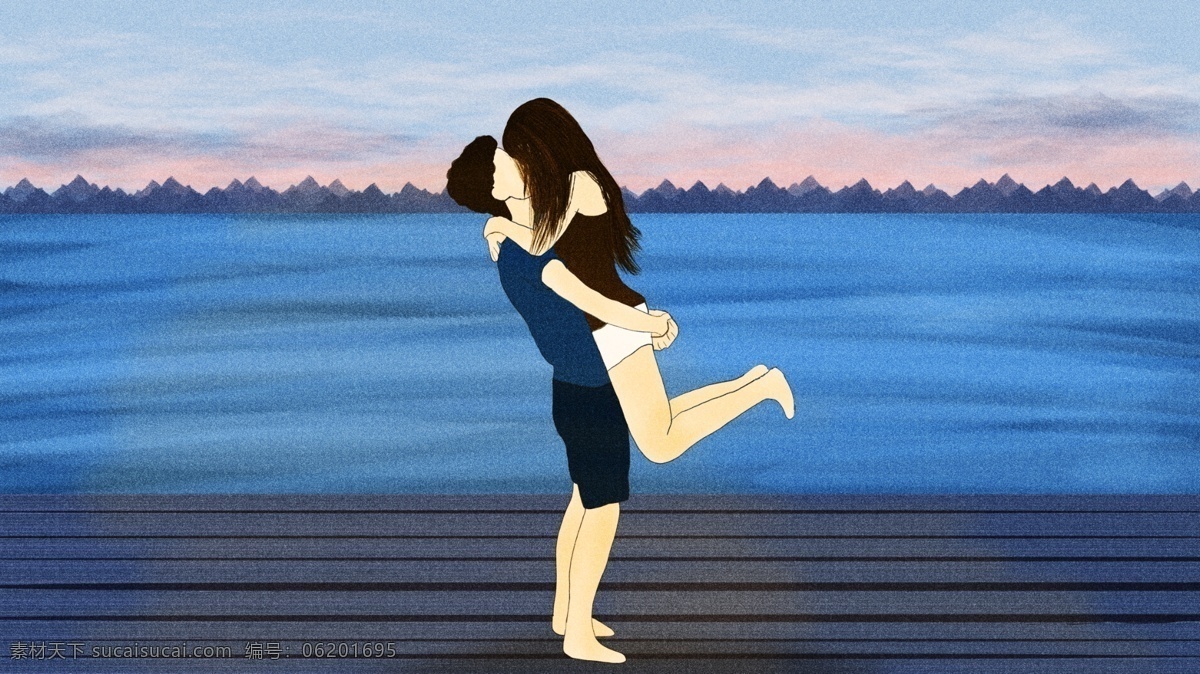 七夕 情人节 浪漫 清新 蓝色 海岸 亲吻 情侣 插画 七夕情人节 木质地板 kiss 蓝色海岸 蓝色海滩