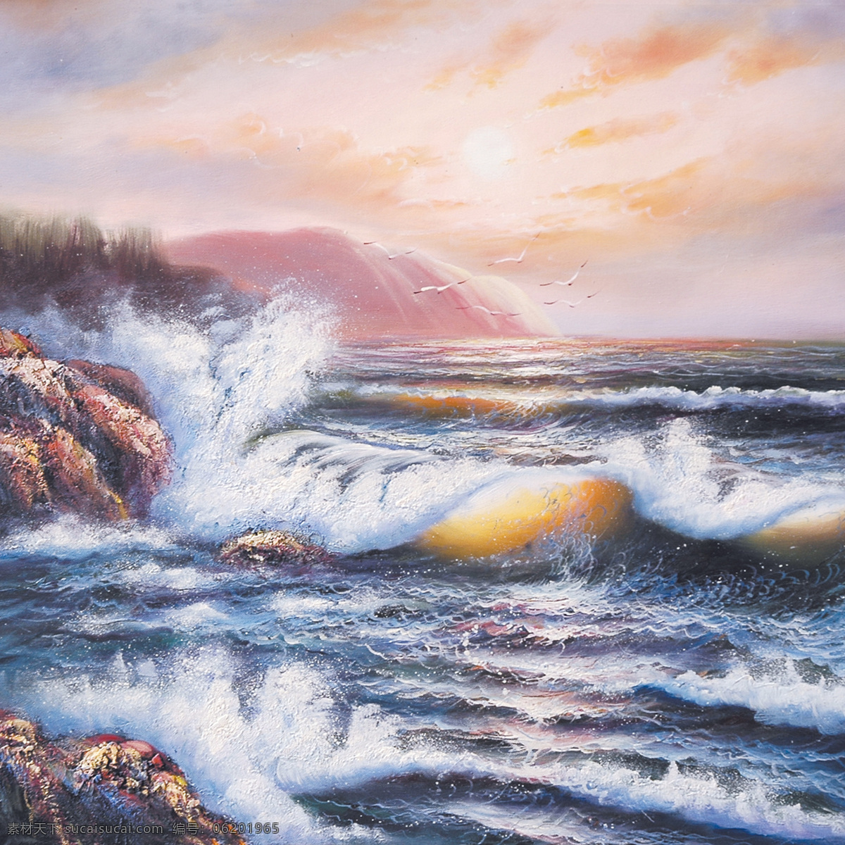 油画大海 油画 大海 浪花 日出 海洋 装饰画 无框画 文化艺术 绘画书法