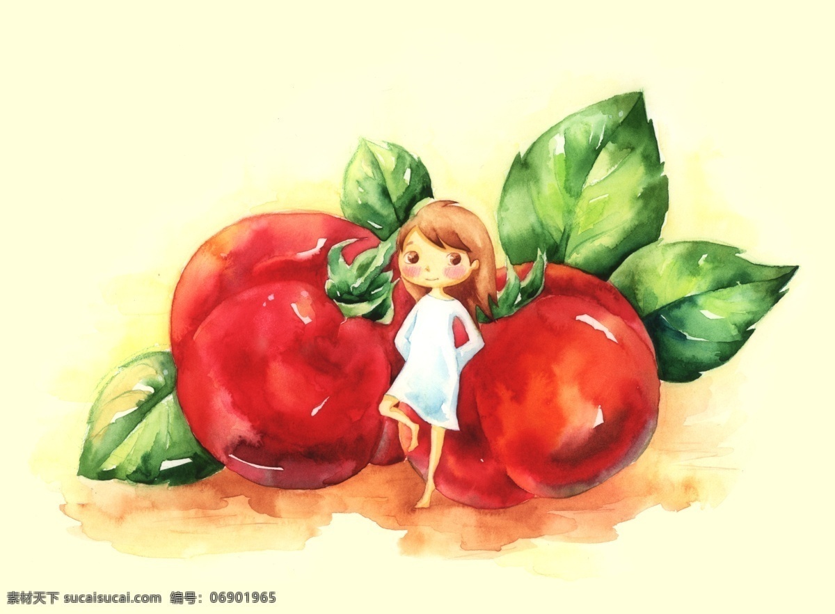 水彩手绘女孩 水彩 手绘 女孩 插画 韩国插画 儿插 渲染 唯美 西红柿 番茄 绿叶 蔬菜 人物 分层 源文件