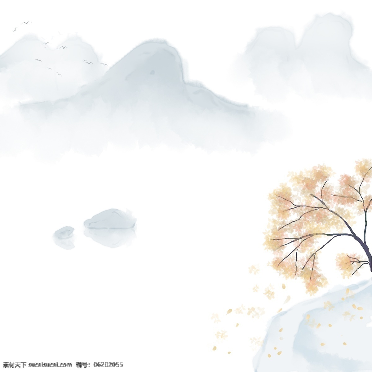 卡通 手绘 中国 风 山水画 卡通手绘 水彩 水墨 小清新 唯美 山 山峰 远处的山 石头 树 飘落 树叶