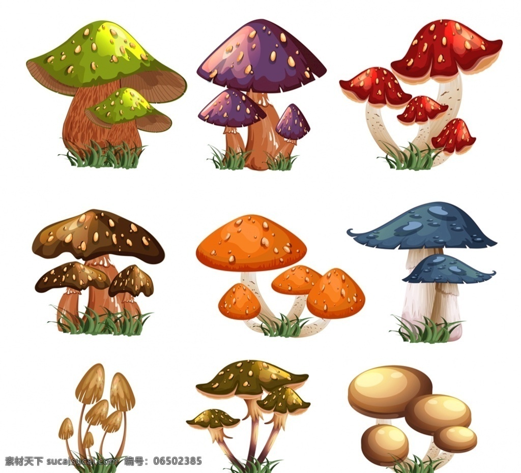 卡通 蘑菇 矢量 彩色 菌类 野蘑菇 山货 野生 香菇 草地 矢量图