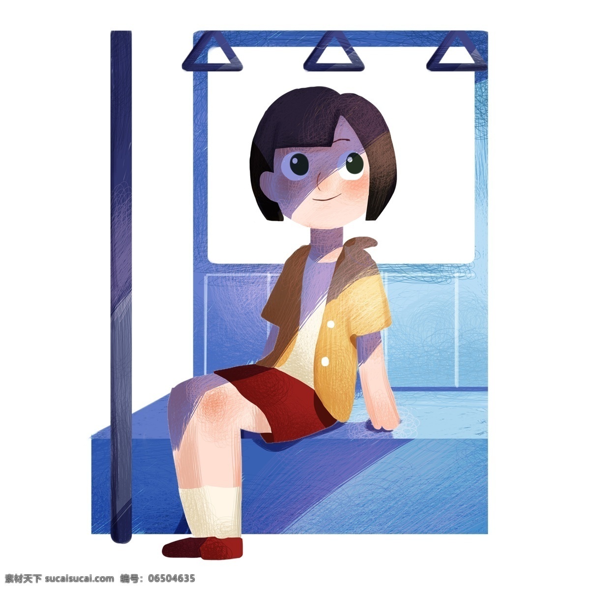坐 公交 小女孩 插画 防雾 霾 人物 蓝色的公交车 卡通人物 绿色出行 少开私家车