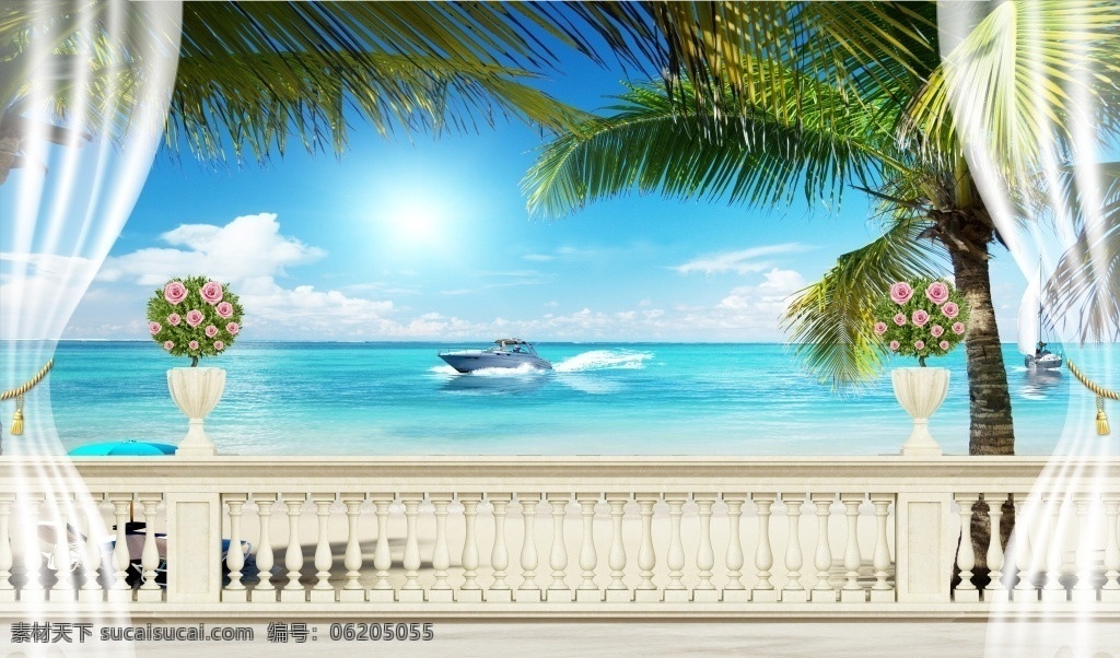 3d阳台海景 3d 阳台 海景 椰树 海鸥 快艇 船 窗帘 窗纱 花瓶 沙滩 太阳伞 分层 风景