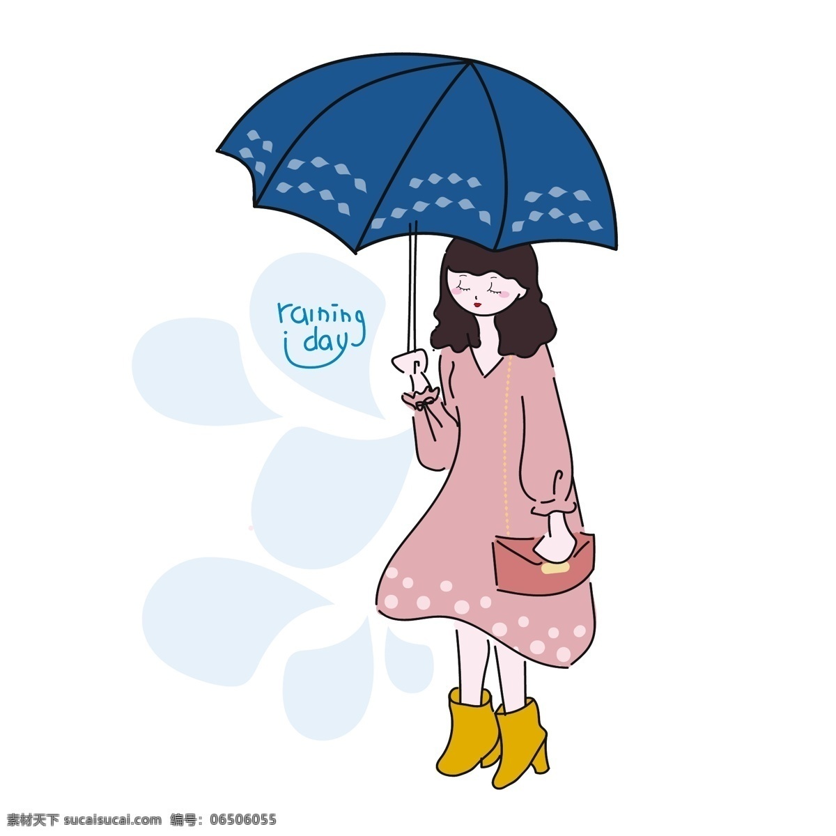 打伞 女孩 雨天 下雨 粉红 裙子 矢量 小 清新 小清新 波点 手绘 插画