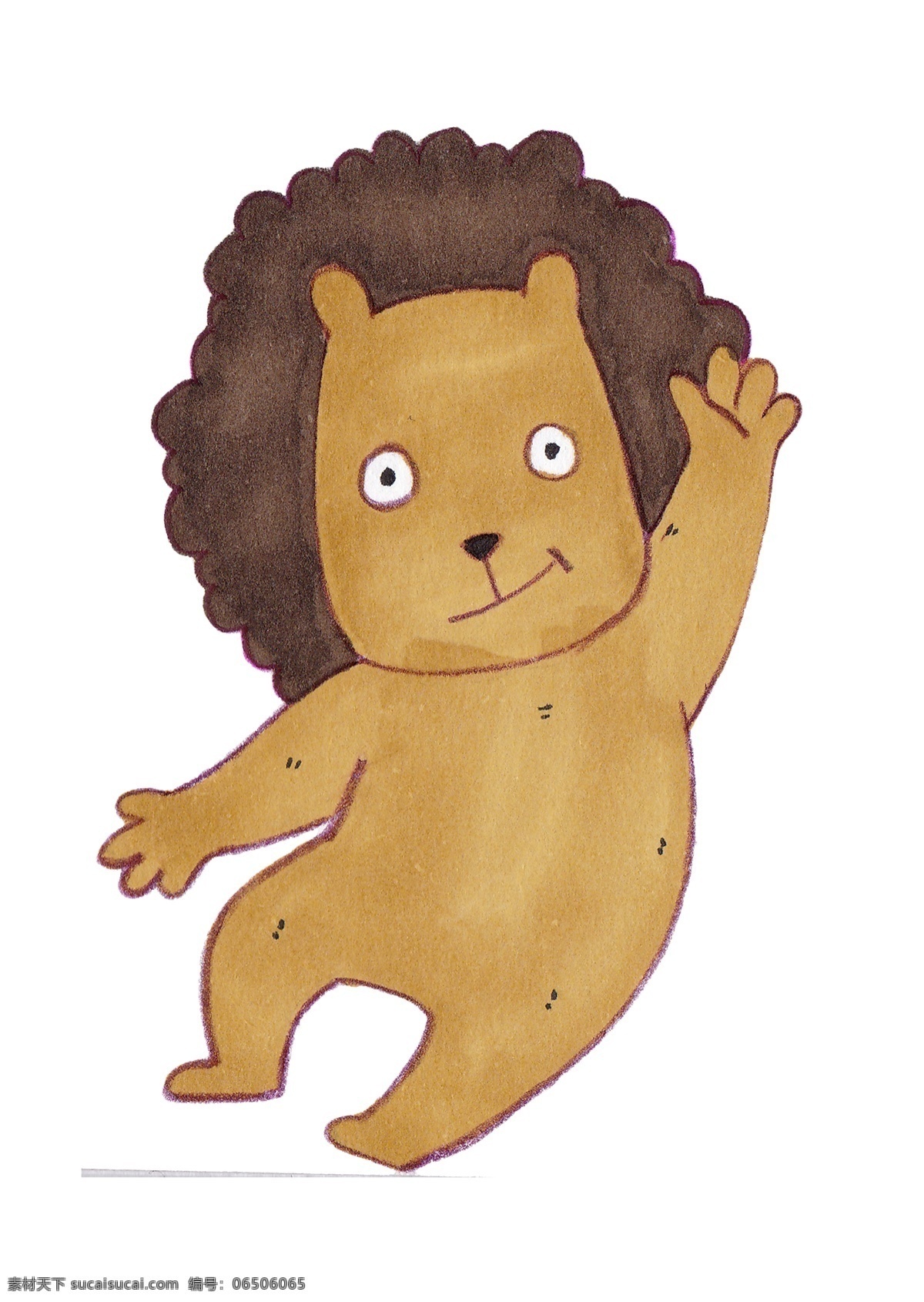 卡通 手绘 打招呼 狮子 插画 猫科动物 百兽之王 肉食 棕色 头顶卷毛 王者风范 卡通手绘 动物插画