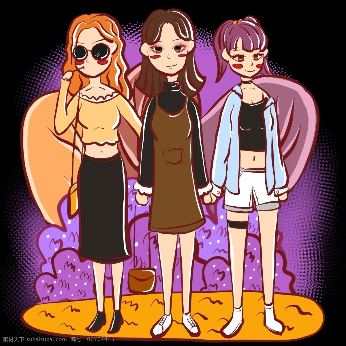 小 清新 女孩 文 艺风 手绘 插画 嘻哈少女 御姐 梦幻紫 梦幻橙 植被 植物群 双十一服装区 双十 购物 节 通用 图案 狂欢节 可爱 卡通美女 梦幻