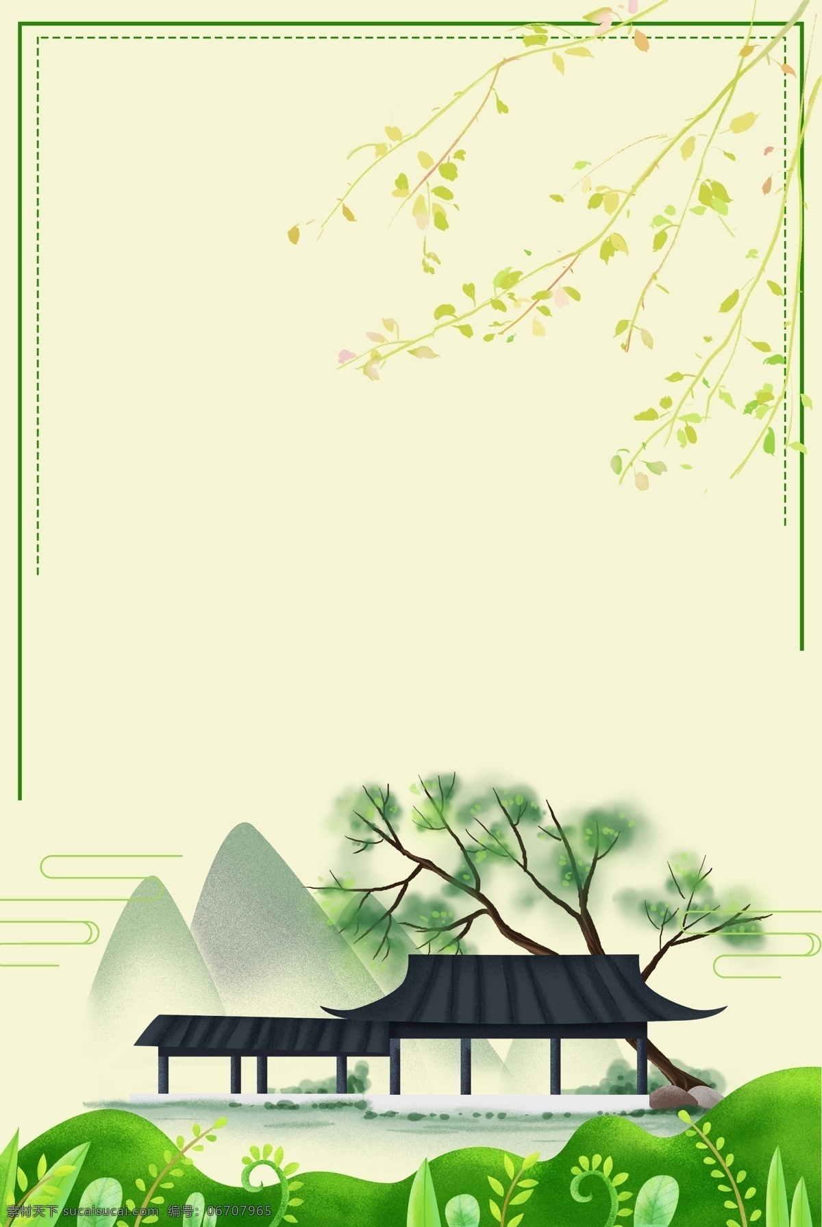 春天 古风 建筑 边框 绿色 背景 中式房屋 地产 度假 中式地产 亭子 户外 国风 意境 中式 复古 古风建筑