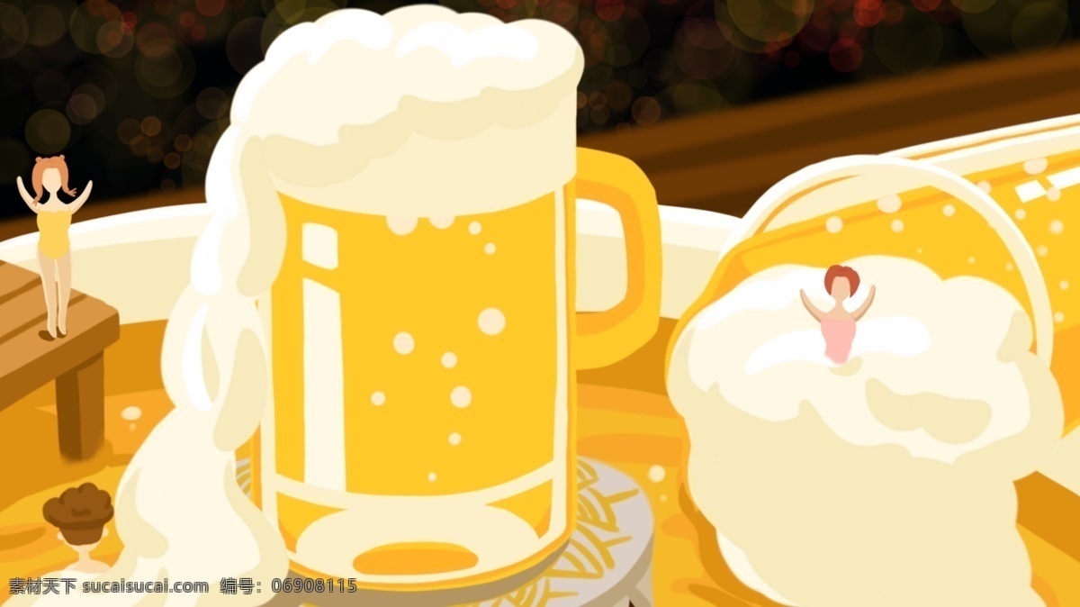 手绘 插画 涂鸦 夏日 冰 爽 灯光 啤酒节 清凉 一夏 夏季 啤酒 黄色 小人 气泡 冰爽盛夏 夏日冰爽 冰爽一夏 夏天 灯光节 泡沫 游泳 桌子 杯子 啤酒杯