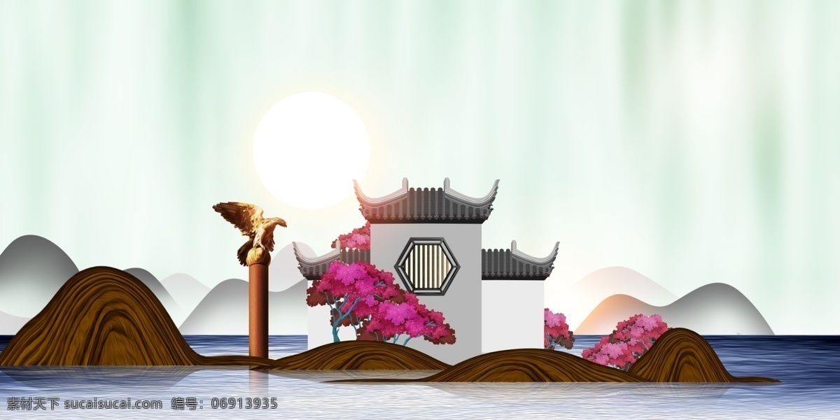 彩绘 中国 风 房地产 背景 中国风 花枝 商业背景 房地产背景图 别墅背景 高端地产背景