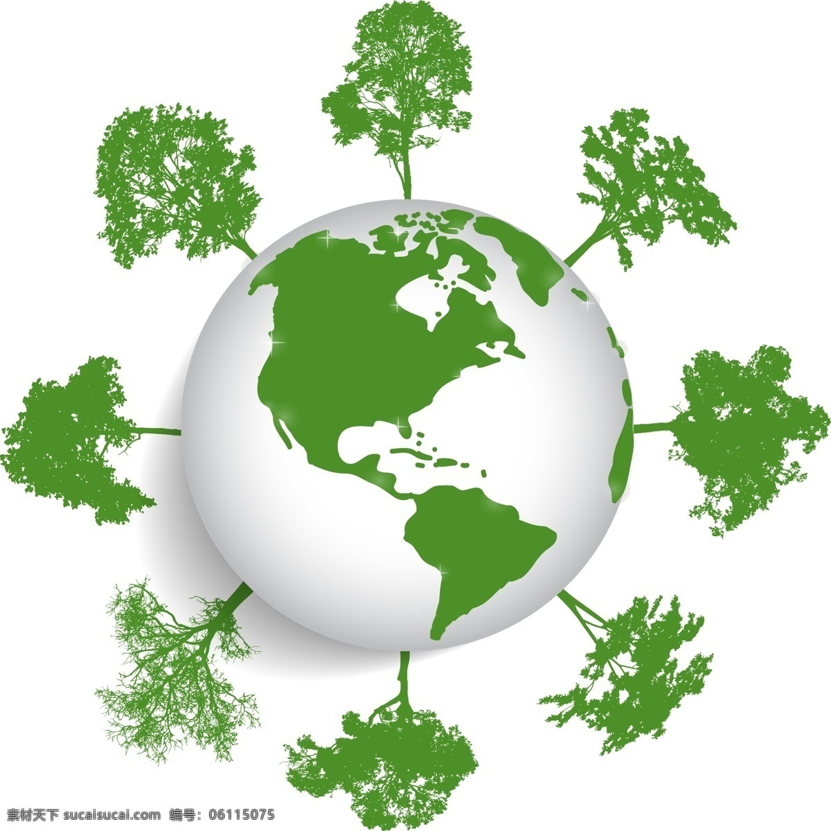 手绘 绿色 地球 元素 清新 矢量 大树