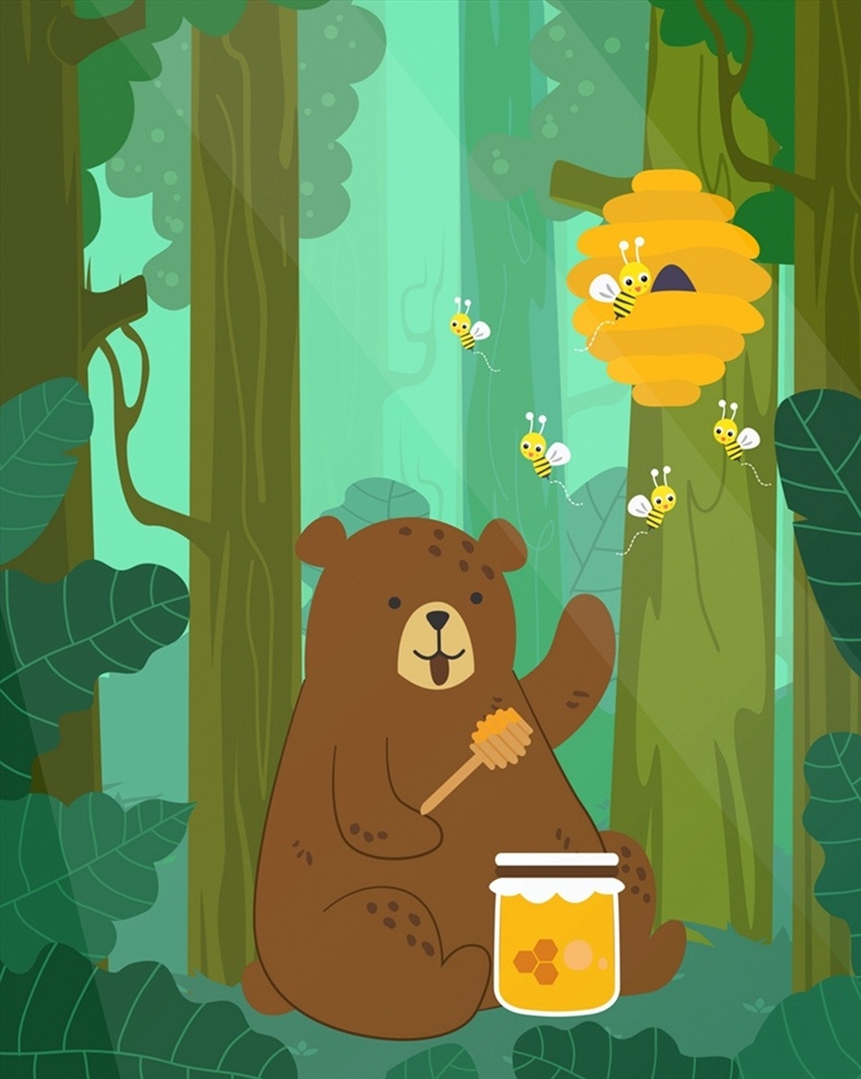 树林 里 棕熊 蜂蜜 蜂巢 搅拌棒 树木 阳光 可爱 矢量 高清图片