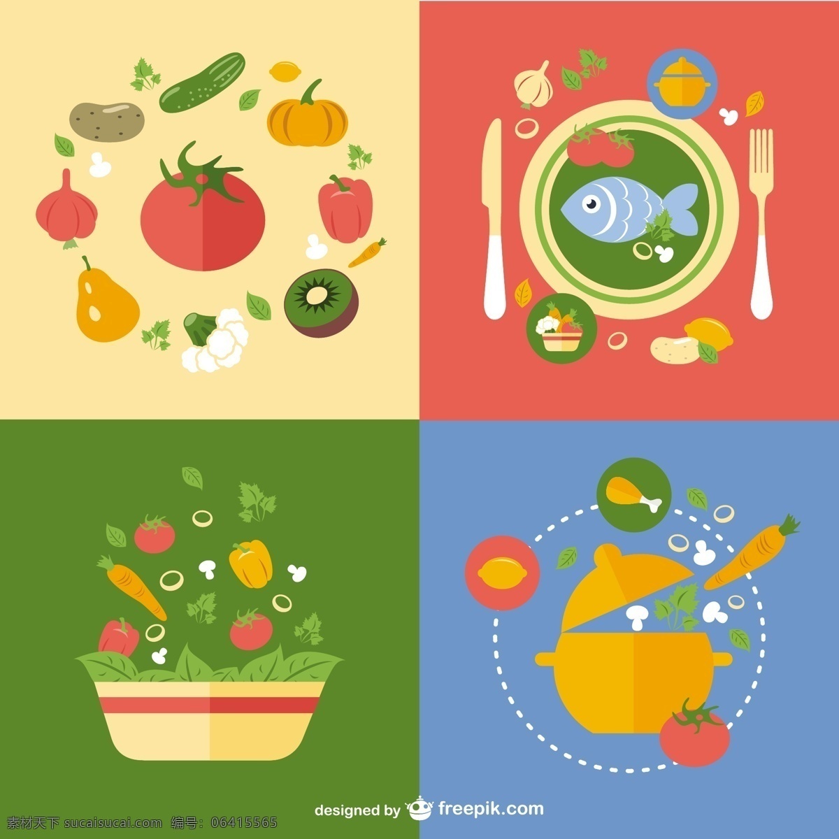 健康餐卡 食品 鱼 平面 图形 平面设计 烹饪 植物 平板 健康 元素 番茄 设计元素 符号 锅 饮食 健康食品 黄色